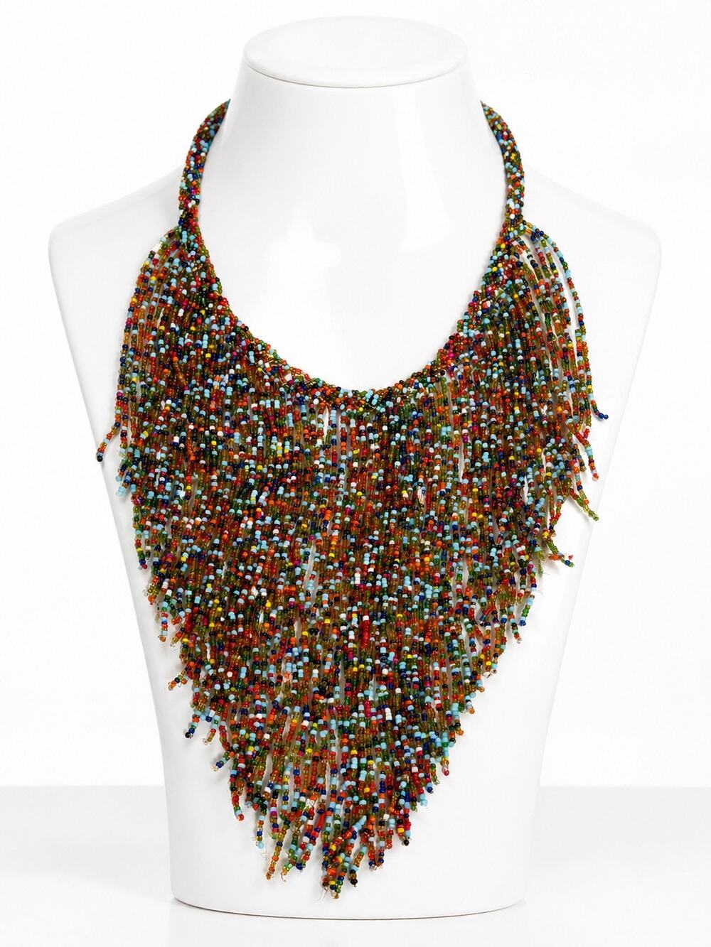 Colorful Seed Bead Fringe Bib Statement Necklace Boho Festival Tribal 19”